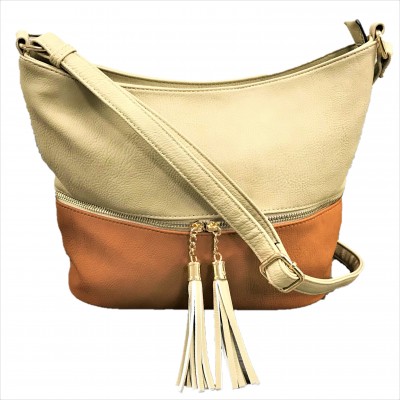 AM3016C-BEIGE/COGNAC BUCKET VEGAN LEATHER CROSSBODY BAG